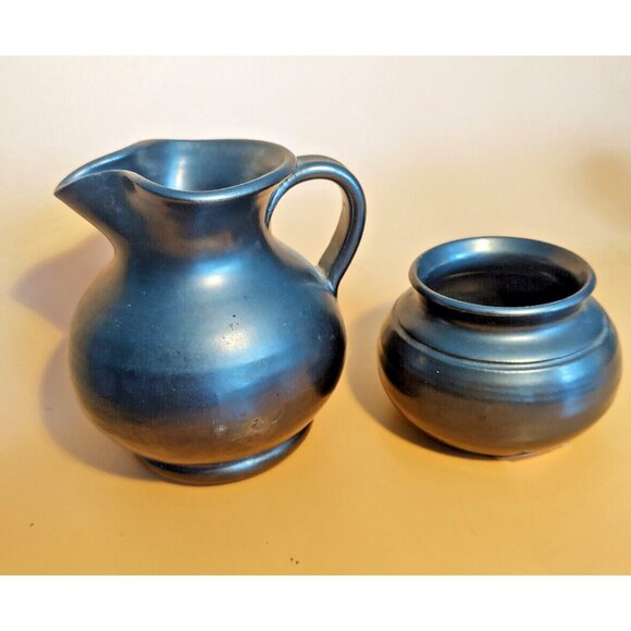 Vintage Prinknash England Stoneware Antique Black Sugar Bowl & Creamer Set - Picture 2 of 16